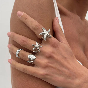 DAIIIBABYYY  -  4Pcs/set Vintage Metal Shell Starfish Rings For Women Silver Color Shell Ocean Openning Ring Set Wedding Summer Jewelry Gifts